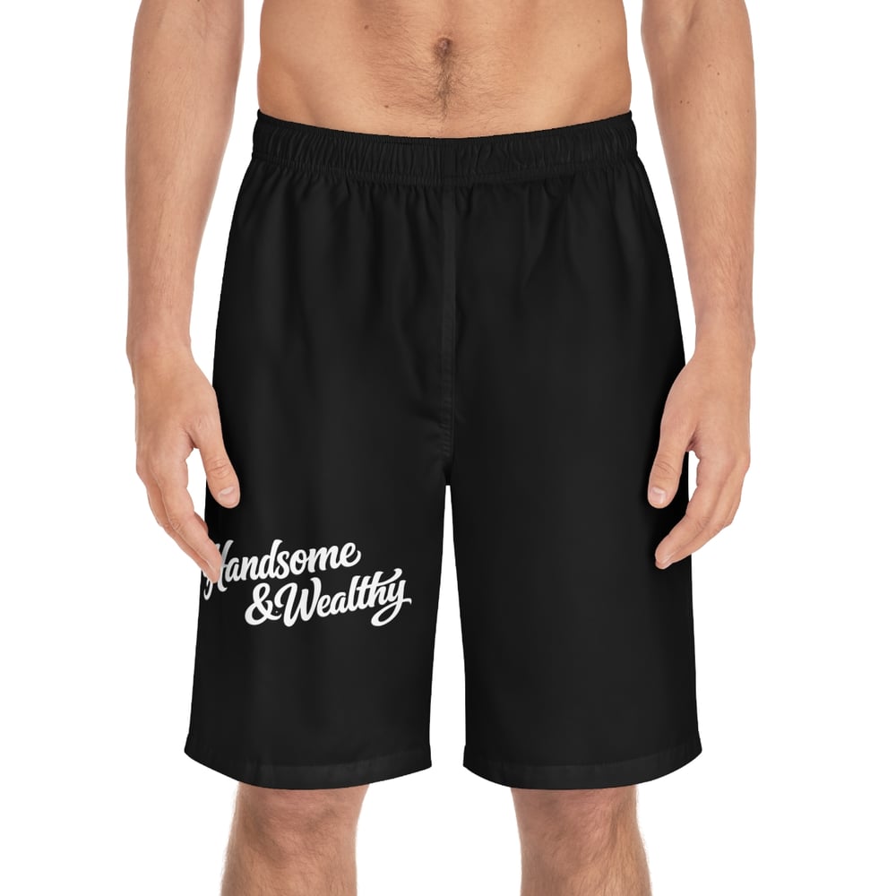 Image of Handsome & Wealthy Men’s Board Shorts — Black Casual Swim Trunks-ead23999