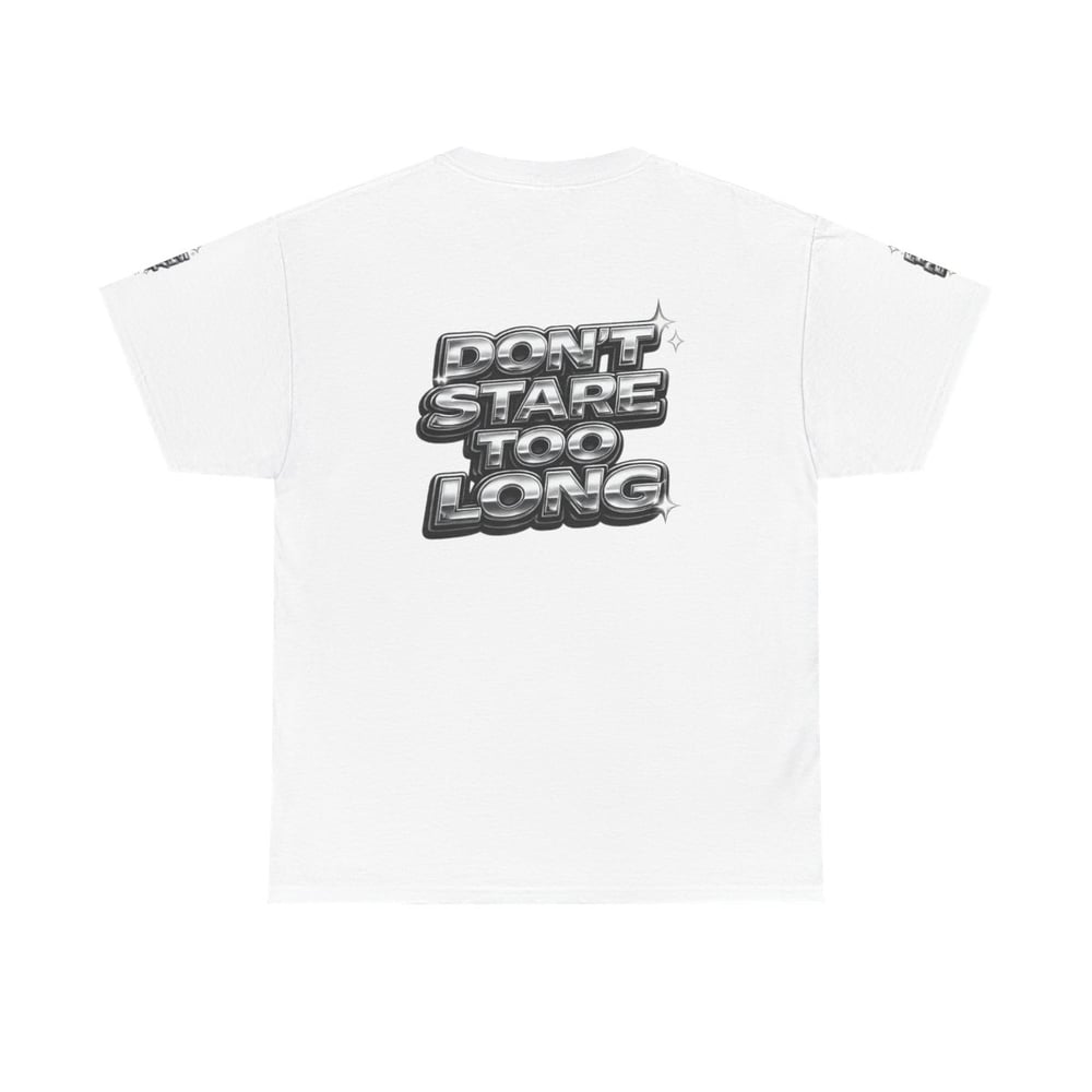 Image of Unisex Graphic Tee — "FINE SHYT" Front / "DON'T STARE TOO LONG" Back Chrome Text is