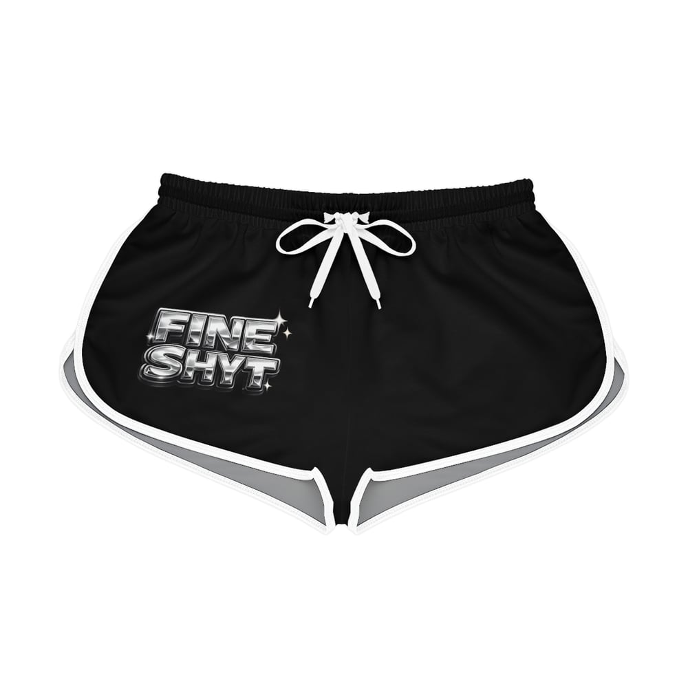 Image of Women's Relaxed Shorts — Black Chrome “Fine Shyt / Don’t Stare Too Long” Graphic