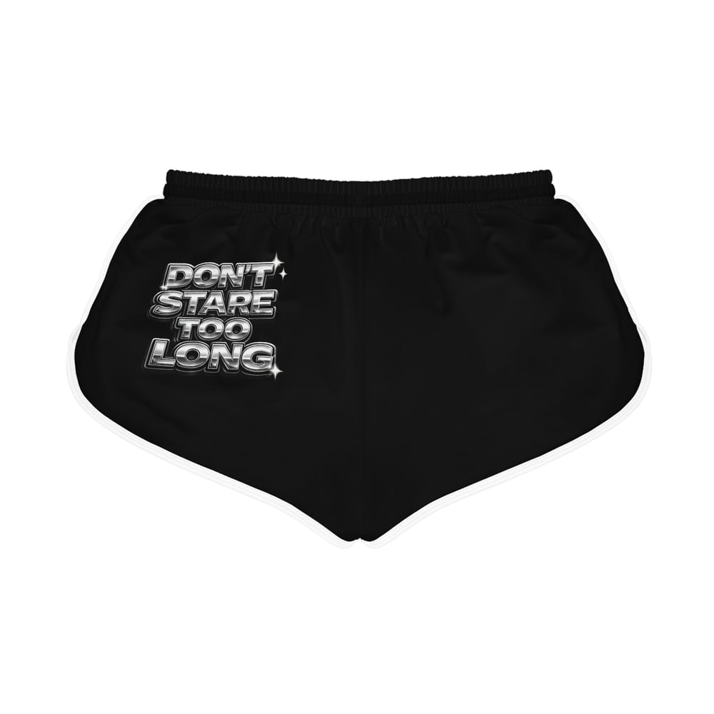 Image of Women's Relaxed Shorts — Black Chrome “Fine Shyt / Don’t Stare Too Long” Graphic