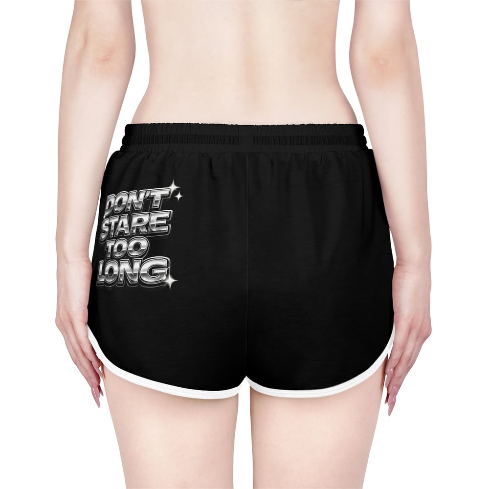 Image of Women's Relaxed Shorts — Black Chrome “Fine Shyt / Don’t Stare Too Long” Graphic