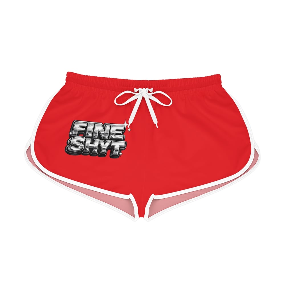 Image of Women's Relaxed Shorts — Red "Fine Shyt / Don't Stare Too Long" Retro Chrome Graphic