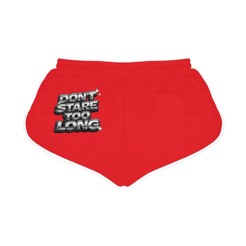 Image of Women's Relaxed Shorts — Red "Fine Shyt / Don't Stare Too Long" Retro Chrome Graphic