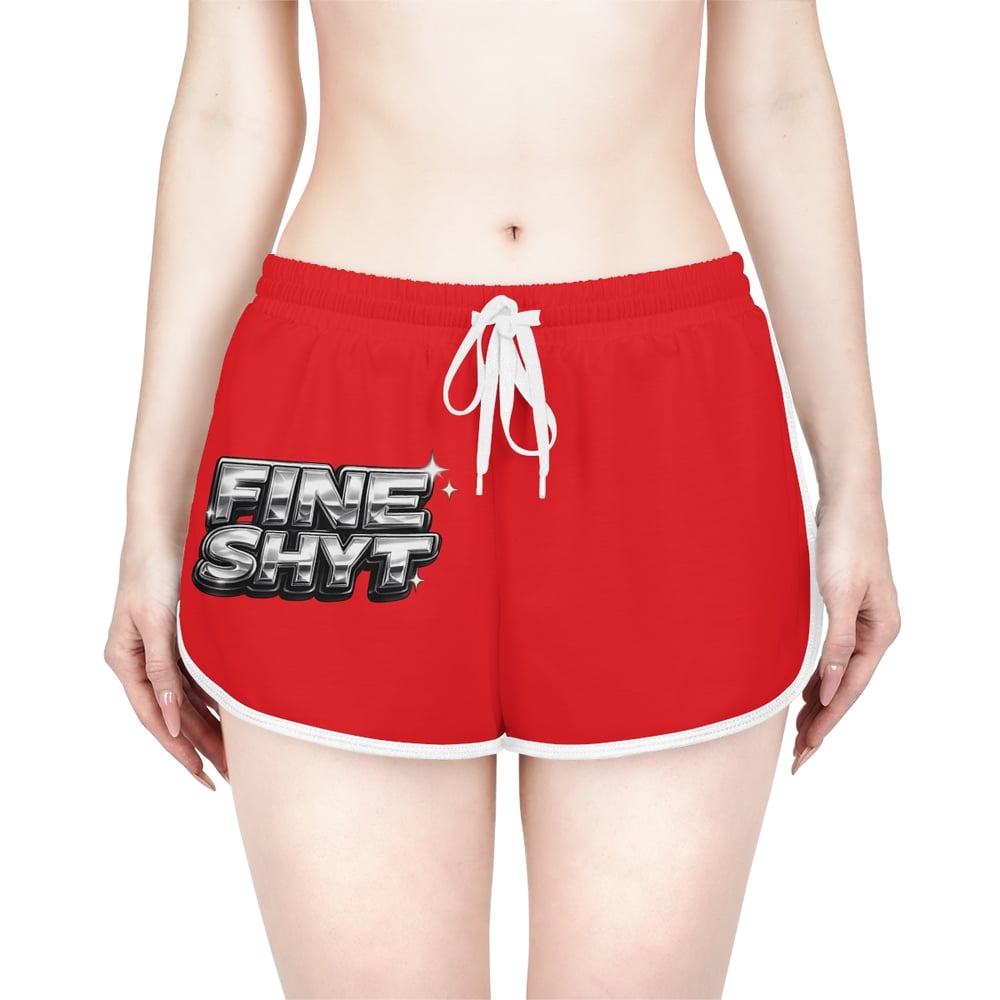 Image of Women's Relaxed Shorts — Red "Fine Shyt / Don't Stare Too Long" Retro Chrome Graphic