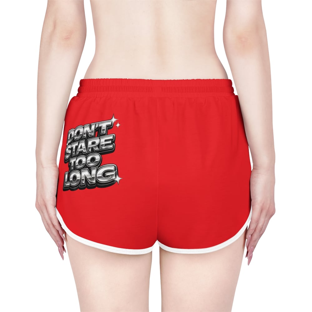Image of Women's Relaxed Shorts — Red "Fine Shyt / Don't Stare Too Long" Retro Chrome Graphic