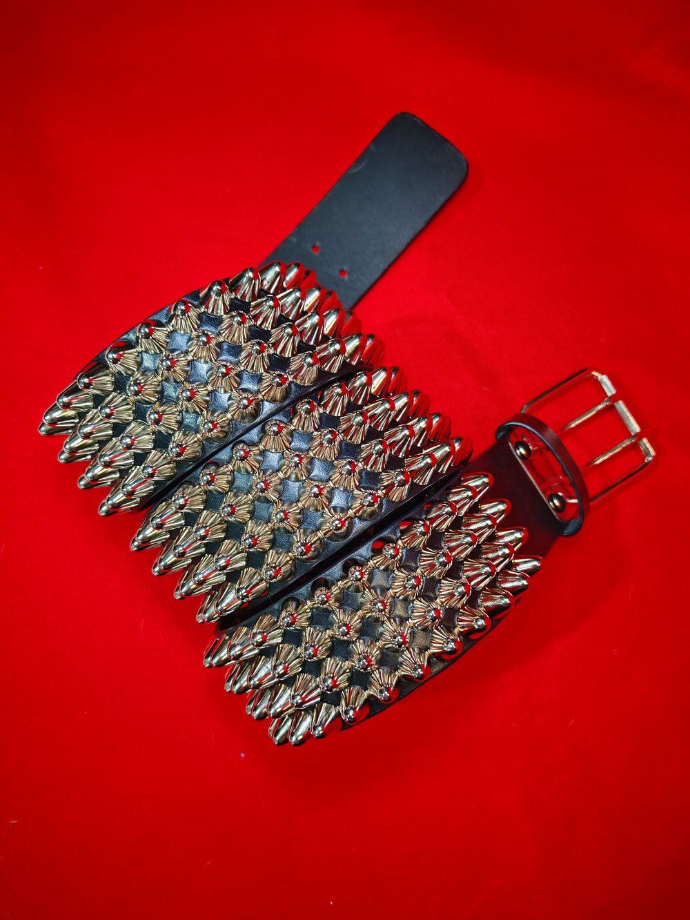 Black Leather Belt with four row tall Silver Cone Studs