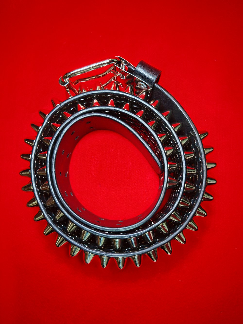 Black Leather Belt with four row tall Silver Cone Studs
