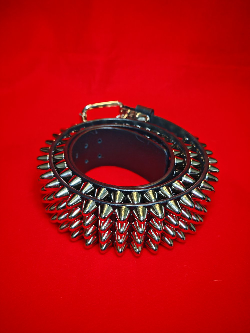 Black Leather Belt with four row tall Silver Cone Studs