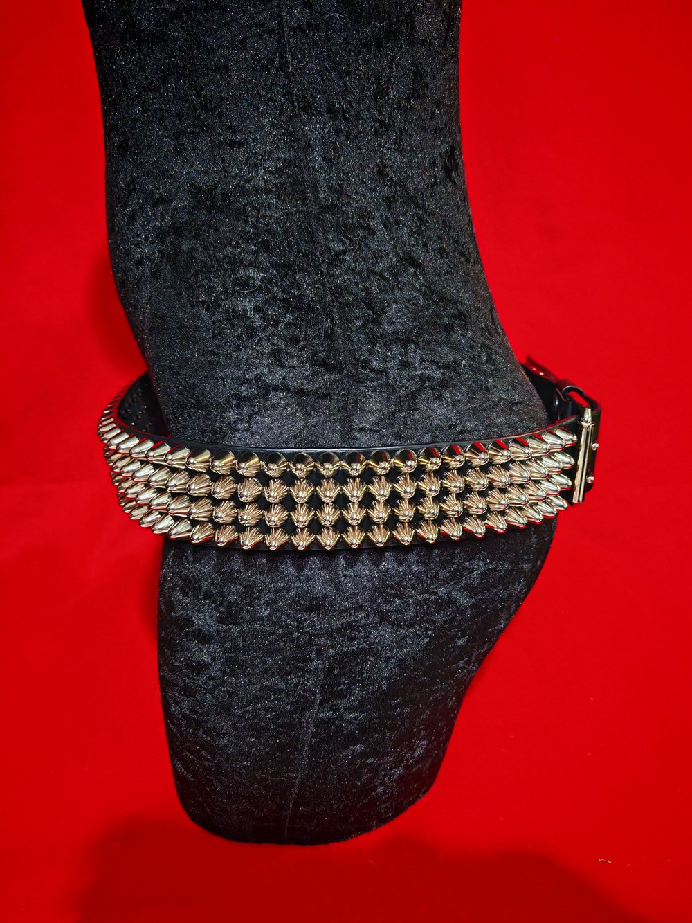 Black Leather Belt with four row tall Silver Cone Studs
