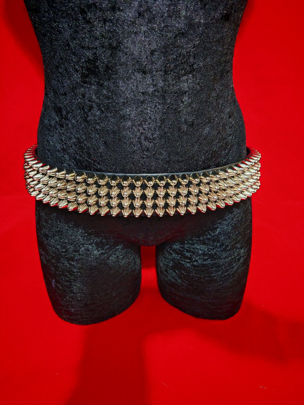 Black Leather Belt with four row tall Silver Cone Studs