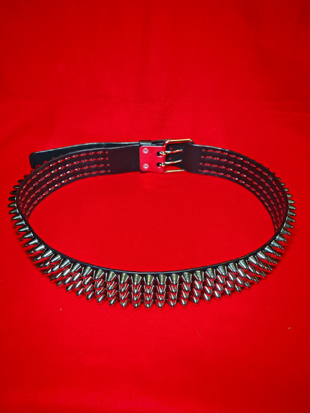 Black Leather Belt with four row tall Silver Cone Studs