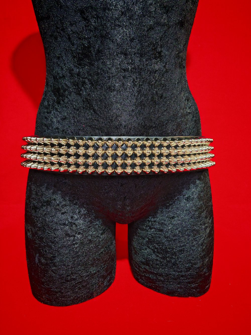 Black Leather Belt with four row tall Silver Cone Studs