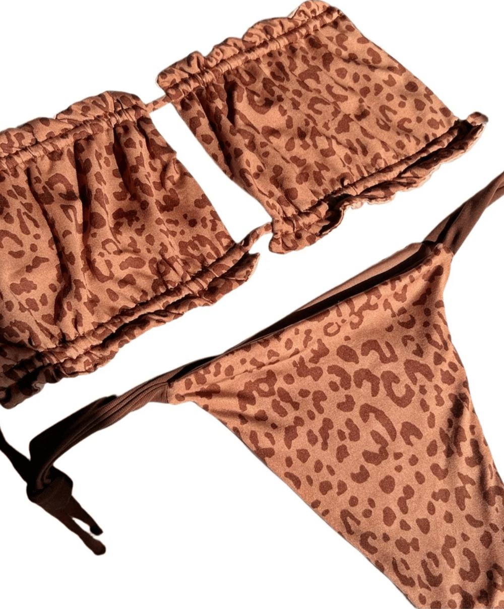 Image of the ruched leopard square bikini set