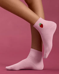 Image 8 of Embroidery Athletic Quarter Socks in Cherry, Lemon, or Strawberry