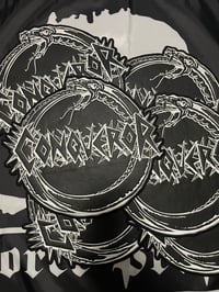 Image 2 of Conqueror / Shaped Logo Ouroboros Back Patch / LARGE 12 INCH BY 11 INCH / Faux Leather Embroidered 