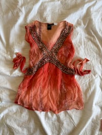 Image 1 of Vintage Y2K orange tie dye ombre silk top with embellishment and side ties 