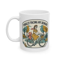 Image 1 of Ceramic Mug — 'Finally Facing My Demons' Vintage Bike Graphic Coffee Mug (11oz & 15oz)