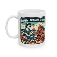 Image 1 of Finally Free From My Demons Ceramic Mug — Funny Retro Devil Coffee Cup (11oz & 15oz)