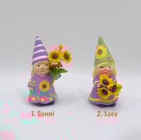 Image 1 of Flower Girl Gnomes Sunni and Lucy, adorned with sunflowers