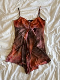 Image 1 of Vintage Y2K asymmetrical hem brown and pink tie dye ruched bust halter neck fairy cami