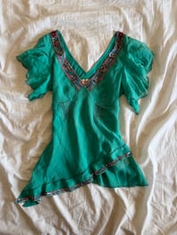 Image 1 of Vintage Y2K 2004 Karen Millen aqua blue silk embellished asymmetrical hem top 