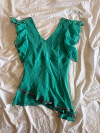 Image 2 of Vintage Y2K 2004 Karen Millen aqua blue silk embellished asymmetrical hem top 