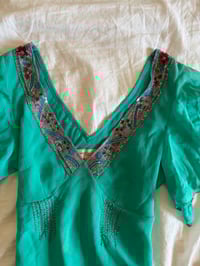Image 3 of Vintage Y2K 2004 Karen Millen aqua blue silk embellished asymmetrical hem top 