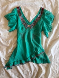 Image 8 of Vintage Y2K 2004 Karen Millen aqua blue silk embellished asymmetrical hem top 