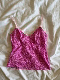 Image 1 of Vintage Y2K pink leopard micromesh cami with ruffle straps and trimming 