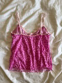 Image 2 of Vintage Y2K pink leopard micromesh cami with ruffle straps and trimming 
