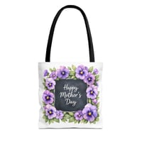Image 1 of Mother's Day Floral Tote Bag — "Happy Mother's Day" Purple Pansy Gift Tote