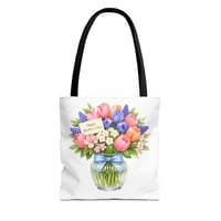 Image 1 of Mother's Day Floral Tote Bag – Bouquet in Vase with "Happy Mother's Day" Card