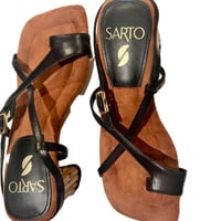 Image 5 of Franco Sarto Sandals Y2K Square Toe, 2'' bamboo block heel ,black leather straps w- buckle 