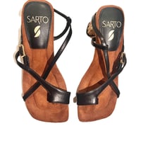 Image 4 of Franco Sarto Sandals Y2K Square Toe, 2'' bamboo block heel ,black leather straps w- buckle 