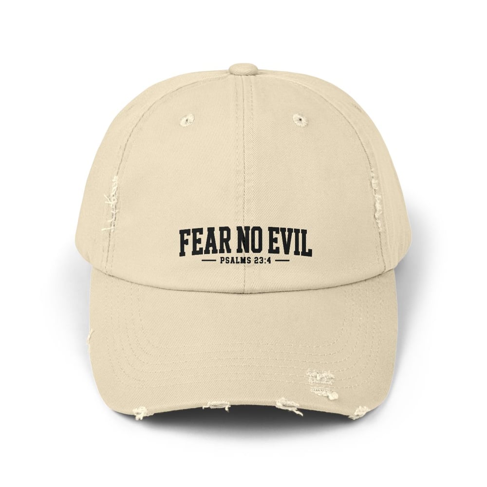 Image of Unisex Distressed Cap - Fear No Evil Scripture Hat