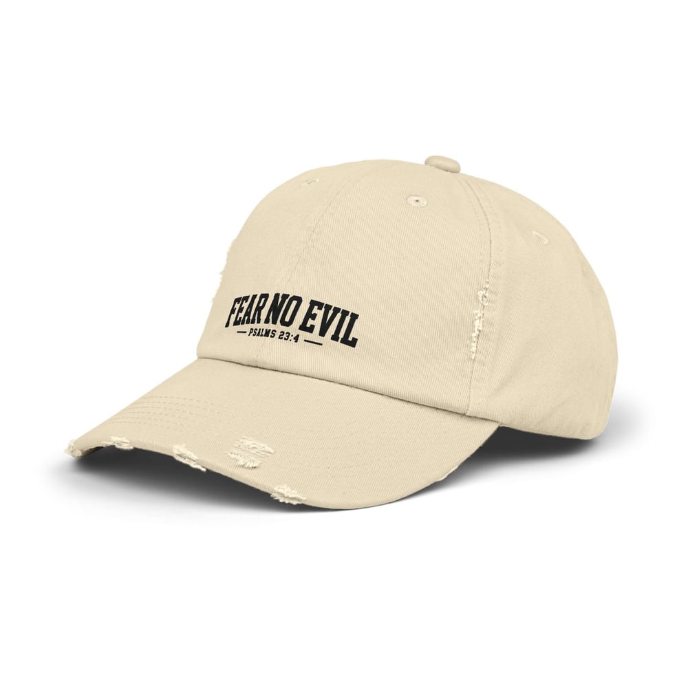Image of Unisex Distressed Cap - Fear No Evil Scripture Hat