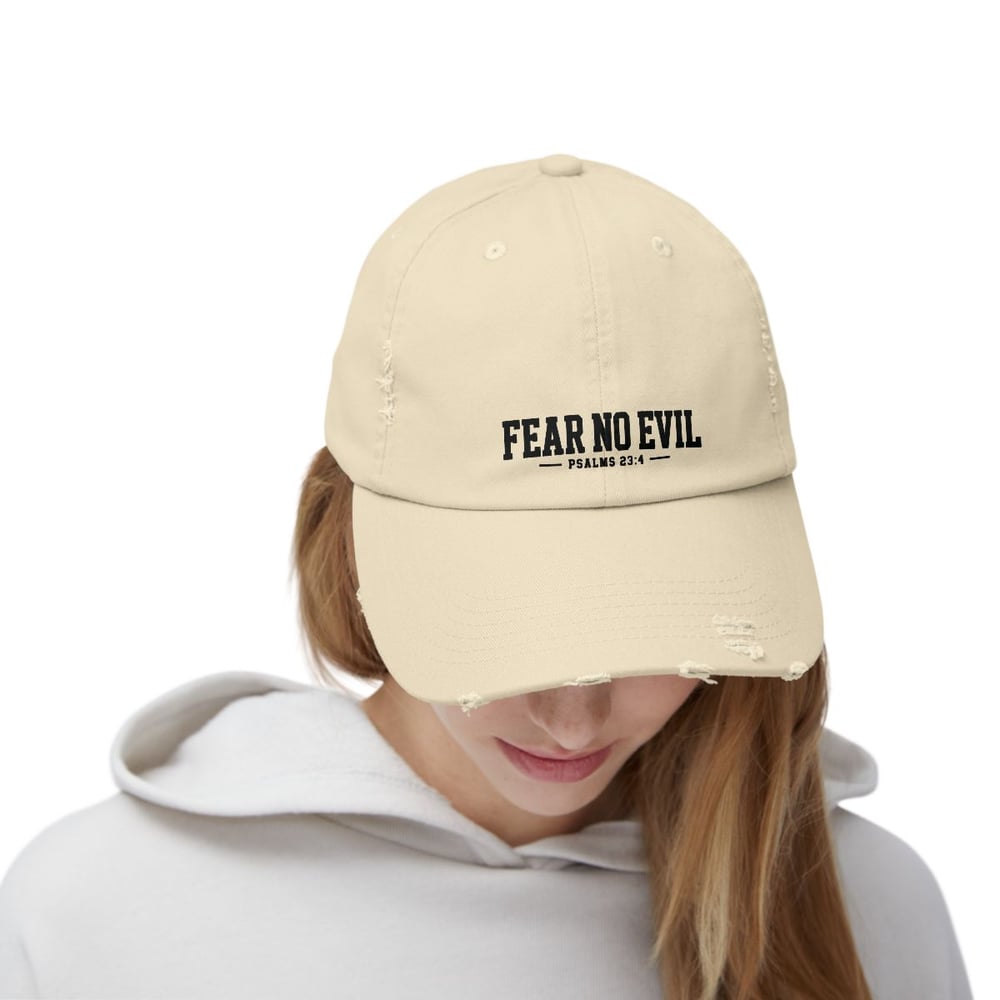 Image of Unisex Distressed Cap - Fear No Evil Scripture Hat