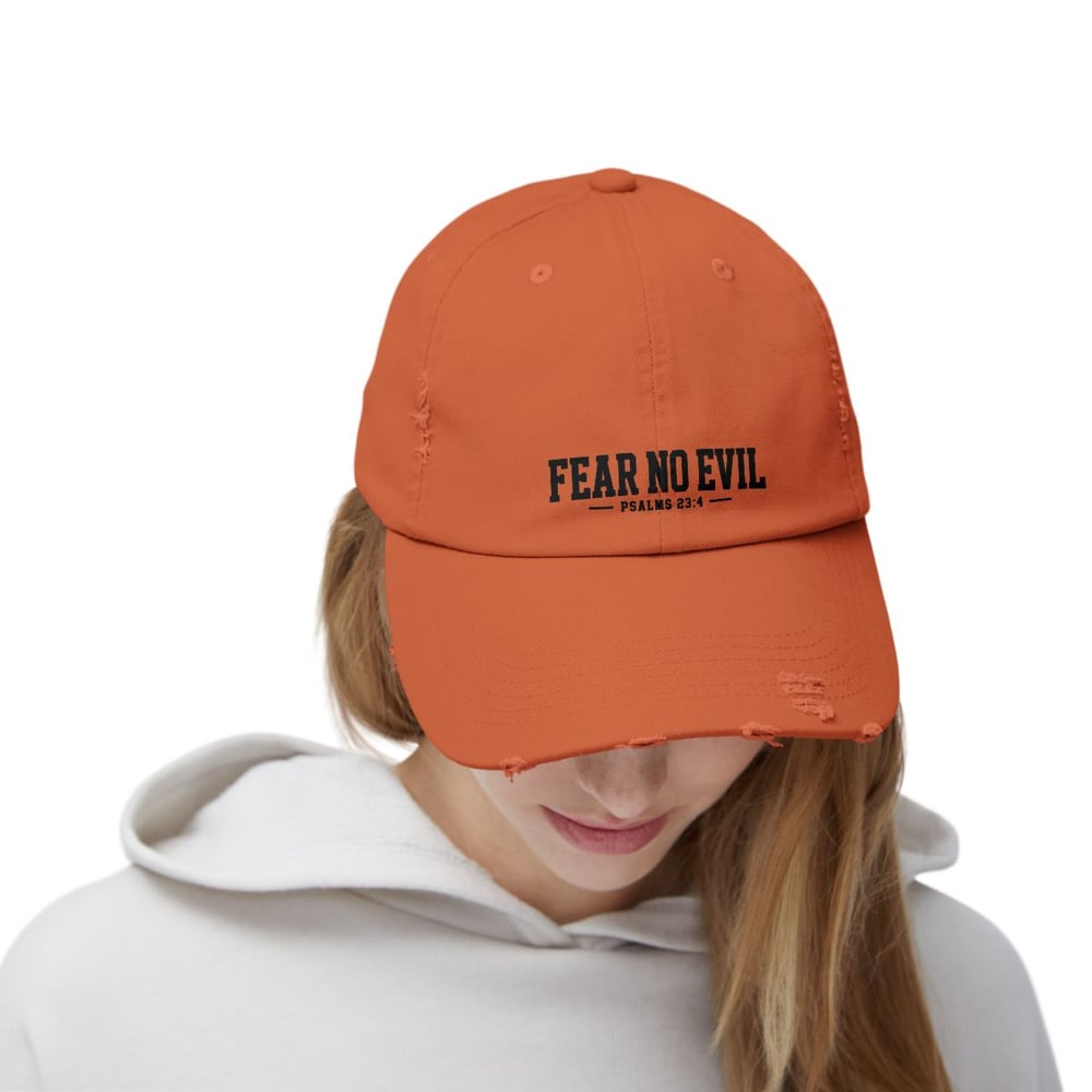 Image of Unisex Distressed Cap - Fear No Evil Scripture Hat