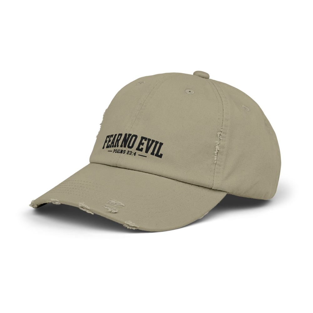 Image of Unisex Distressed Cap - Fear No Evil Scripture Hat