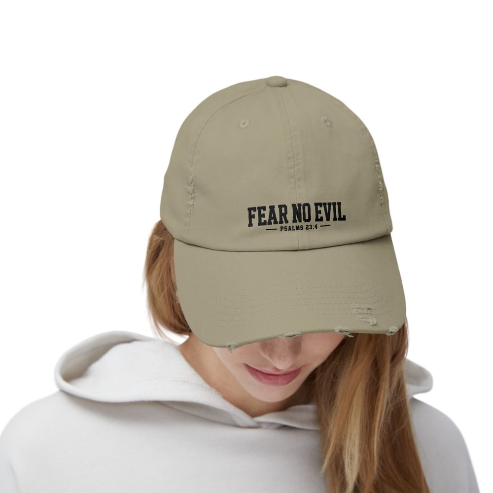 Image of Unisex Distressed Cap - Fear No Evil Scripture Hat