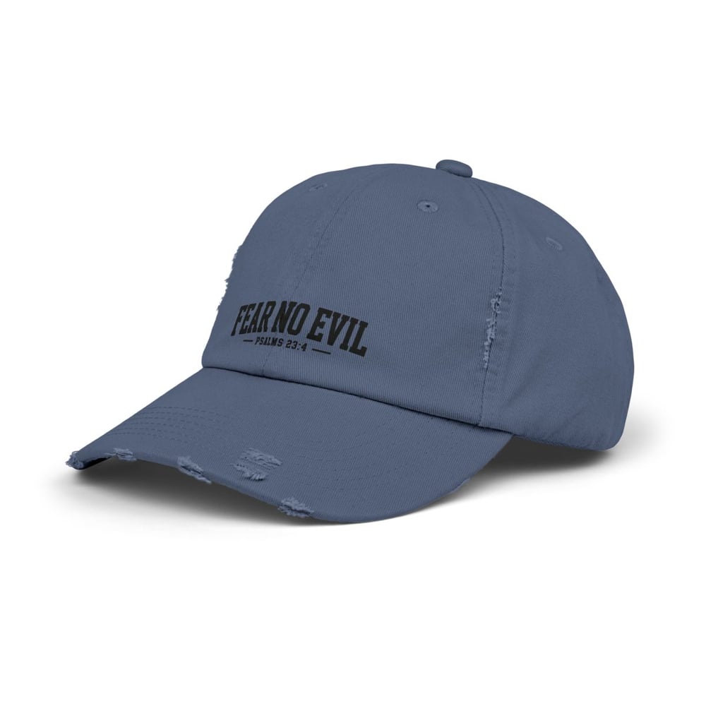 Image of Unisex Distressed Cap - Fear No Evil Scripture Hat