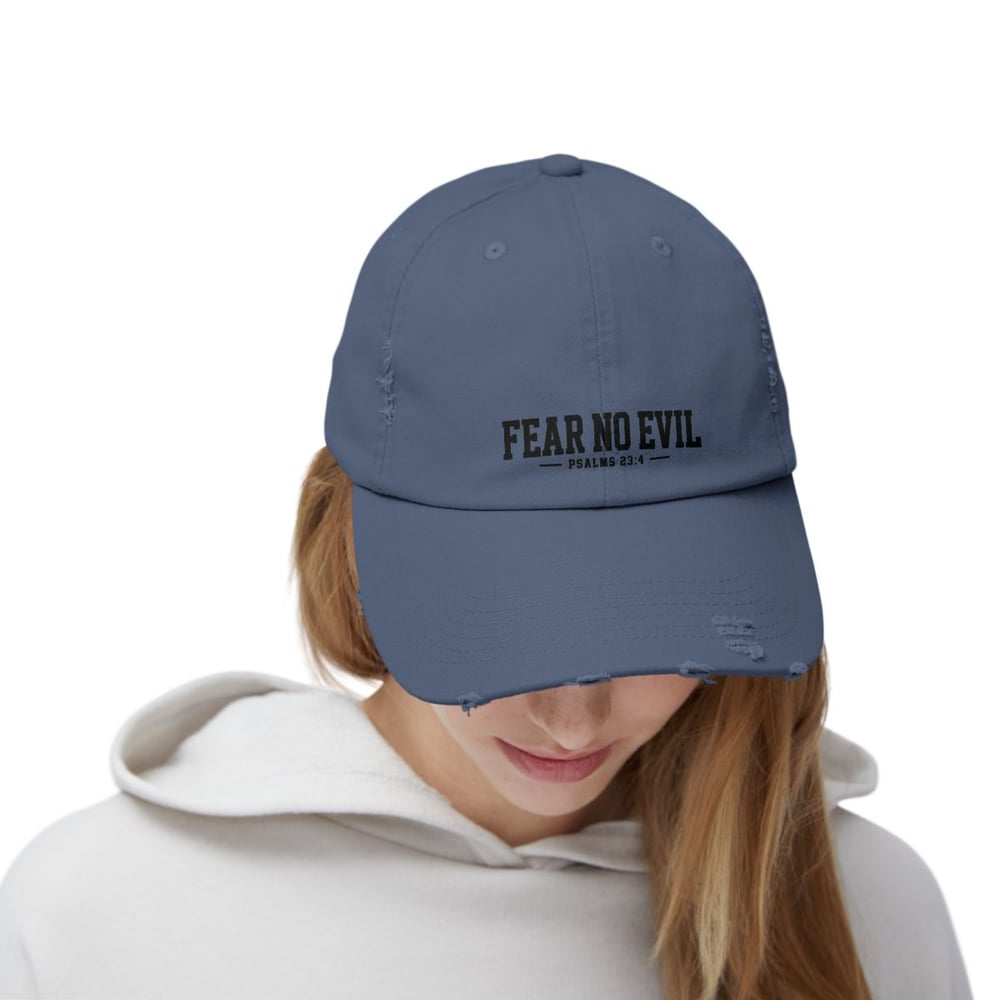 Image of Unisex Distressed Cap - Fear No Evil Scripture Hat