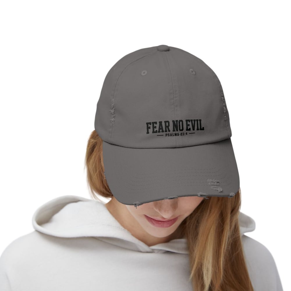 Image of Unisex Distressed Cap - Fear No Evil Scripture Hat
