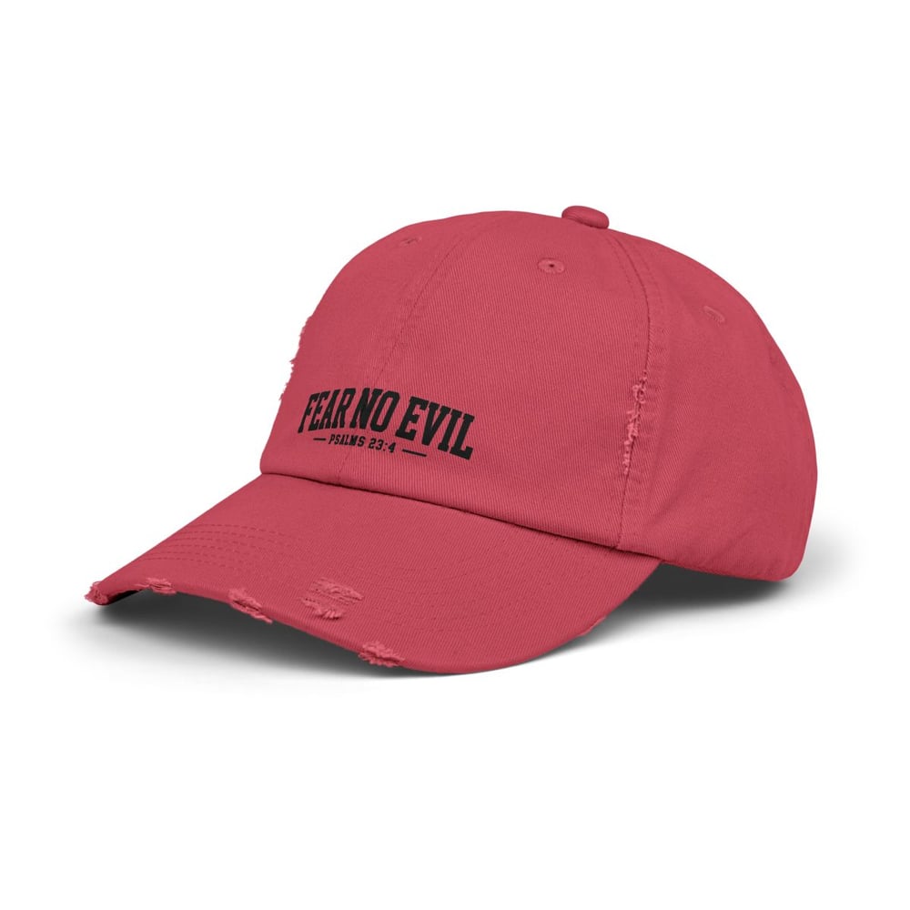Image of Unisex Distressed Cap - Fear No Evil Scripture Hat