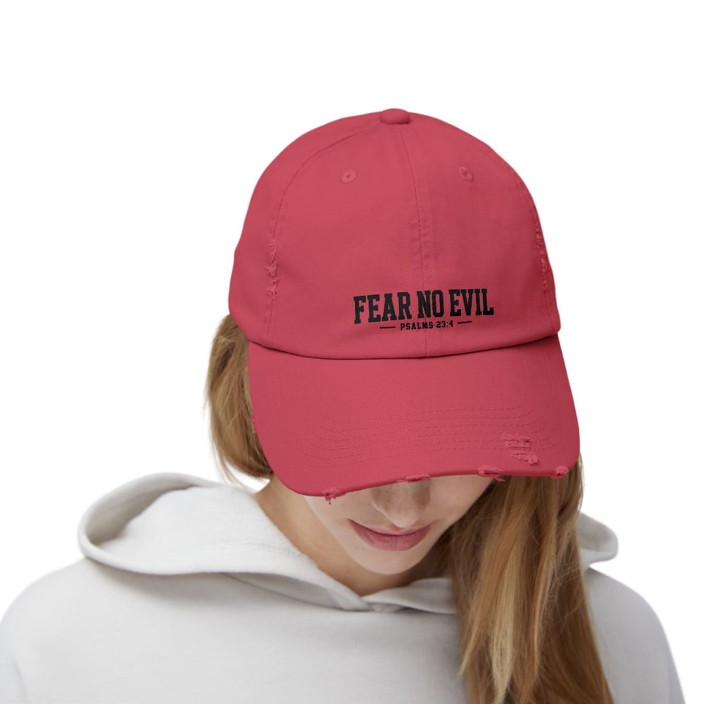 Image of Unisex Distressed Cap - Fear No Evil Scripture Hat