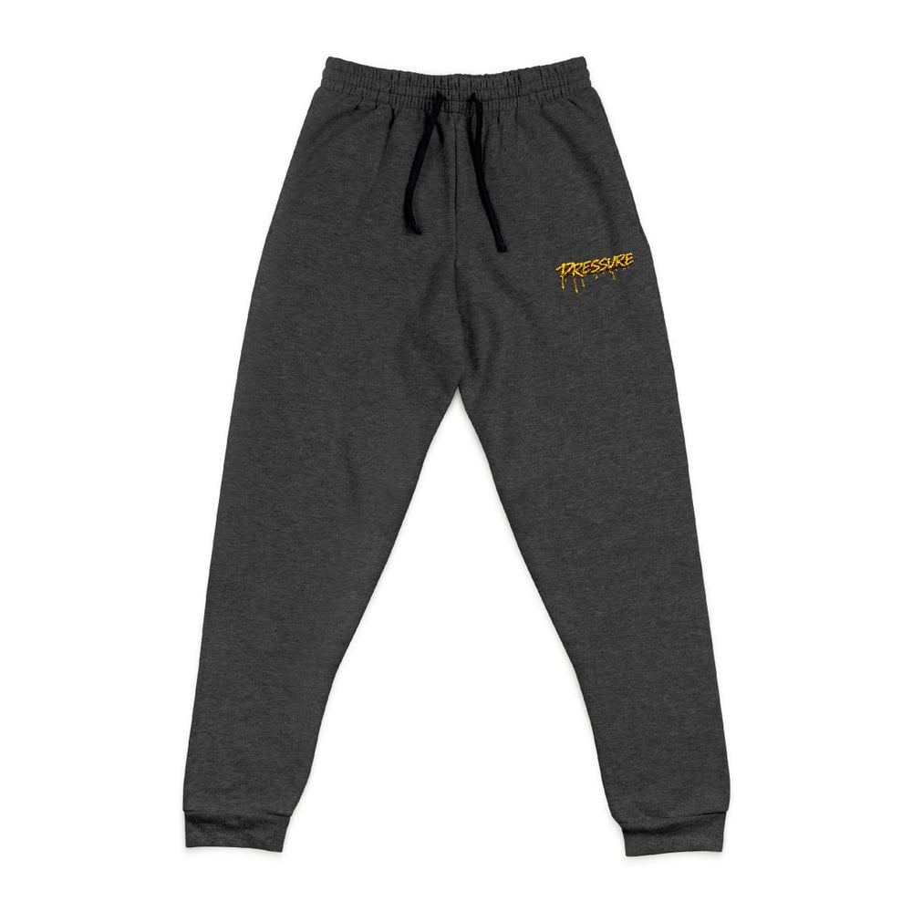 Image of Unisex Pressure Embroidered Tiger Joggers Cozy Charcoal Sweatpants with Gold Tiger Accent