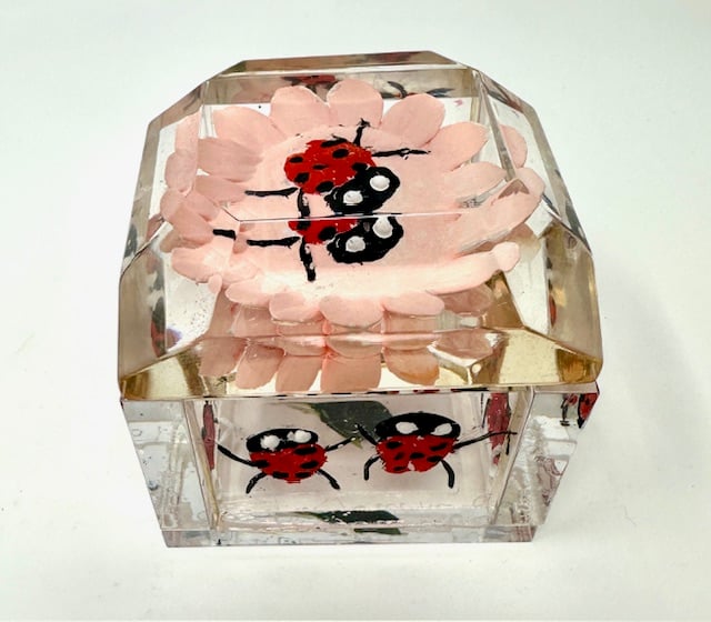 Jumbo Mini Lucite Box- Carved and Painted Ladybugs - Image 1 of 4