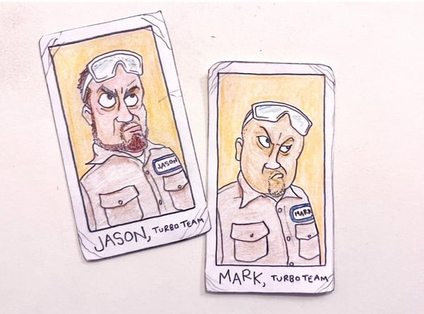 Image of Original pencil artwork—ITYSL Turbo Team (set of 2 cards, tobacco-card size)