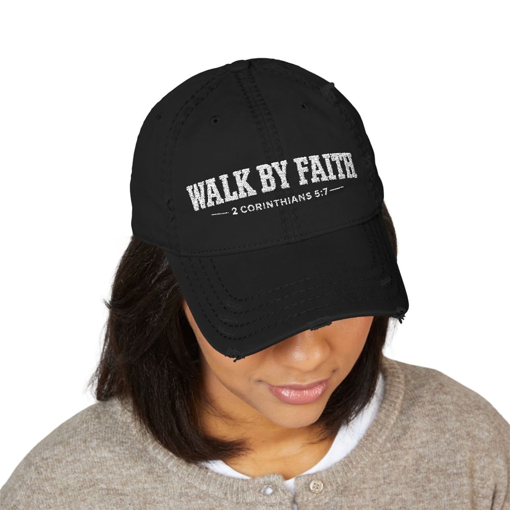 Image of Unisex Walk By Faith Distressed Dad Hat — Embroidered Christian Baseball Cap (1 Corinthians 5:7)