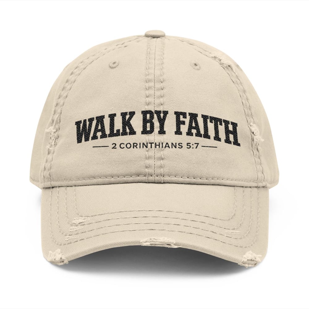 Image of Unisex Walk By Faith Embroidered Distressed Dad Hat – Christian Baseball Cap (2 Corinthians 5:7)